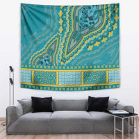 Teal wall tapestry with ornate yellow and green medallion and border patterns