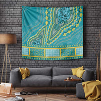 Teal tapestry wall hanging with detailed yellow and green decorative motifs and band