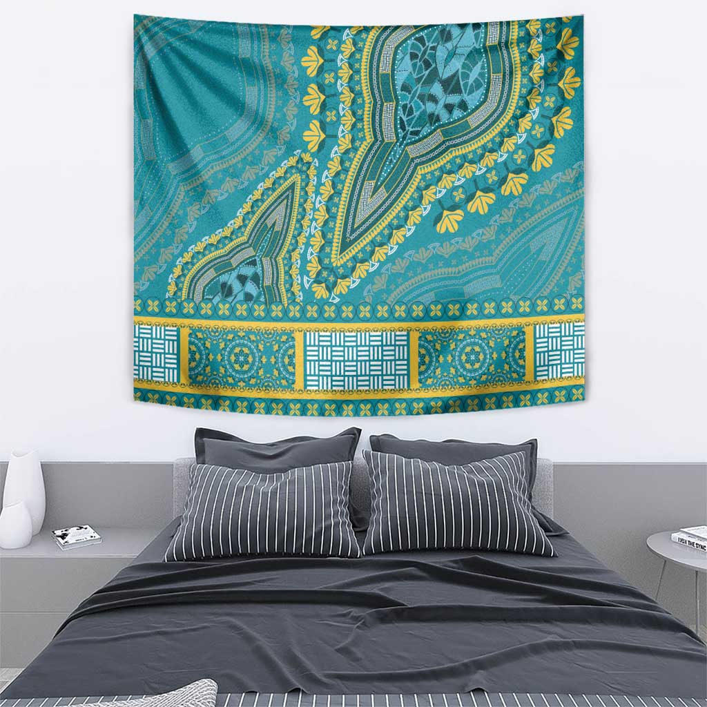 Teal patterned wall tapestry with yellow and green ornamented border and central motif