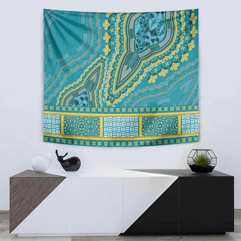 Teal luxury tapestry with intricate yellow and green geometric stripes and medallion trim