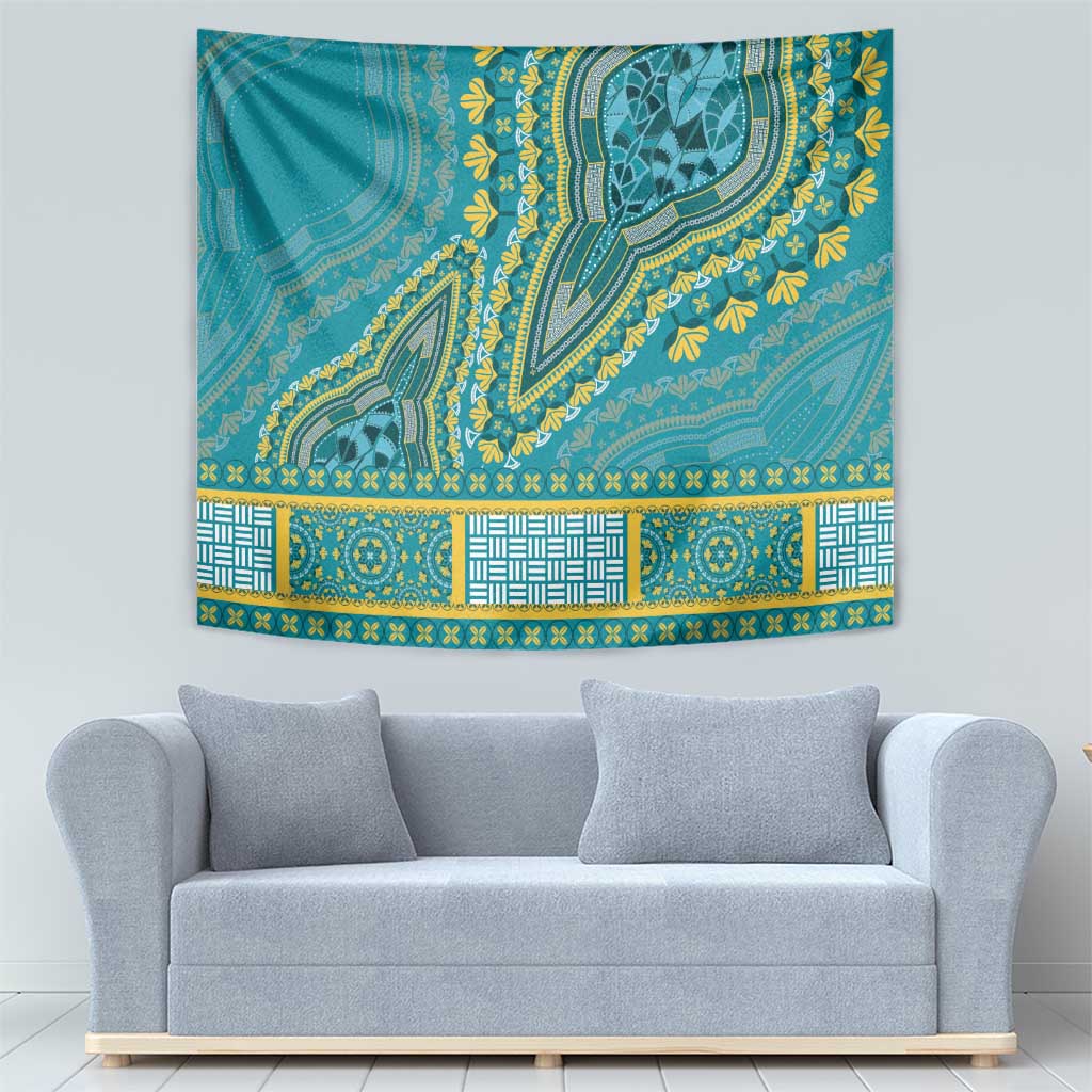 Teal decorative tapestry featuring ornate yellow and green motifs with patterned lower band