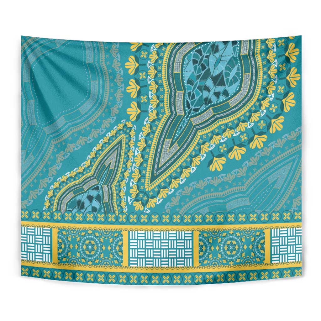 Teal tapestry wall hanging with bold yellow and green ornamental designs and border
