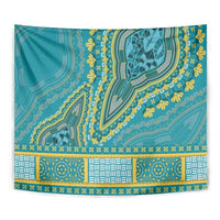 Teal tapestry wall hanging with bold yellow and green ornamental designs and border