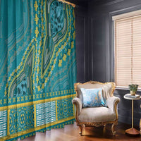 Teal dashiki window curtain panels with gold motifs and teal geometric banding.