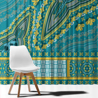 Teal patterned dashiki curtain with gold vines and ornate geometric stripe border.