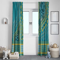 Teal dashiki window curtains with gold floral motifs and blue geometric border design.