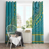 Teal dashiki window curtain pair with gold vine motifs and detailed central medallion.