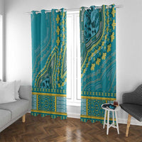 Teal dashiki window curtains with gold leaf print and blue geometric bottom border.