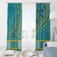 Teal dashiki window curtains with gold leaf pattern and ring-hung header.