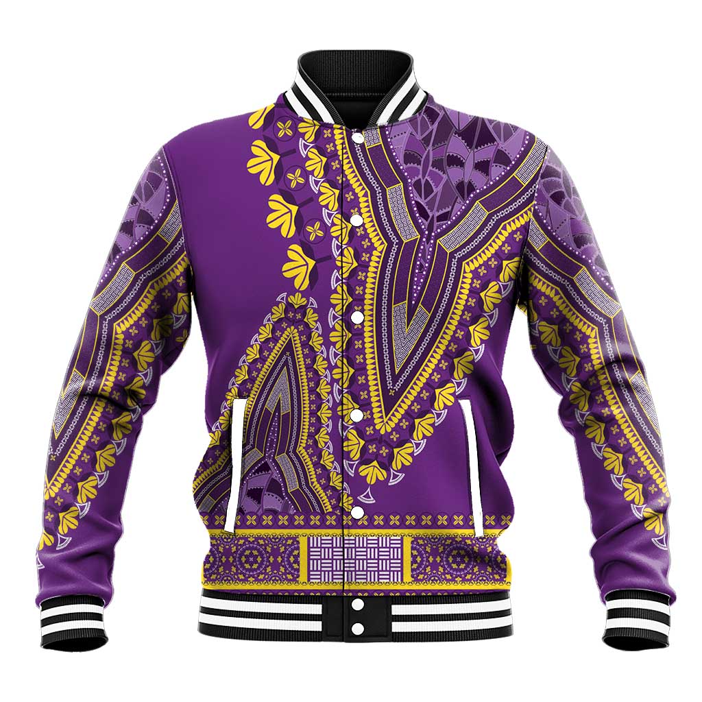 Purple dashiki baseball jacket with yellow patterns, striped ribbed collar and cuffs