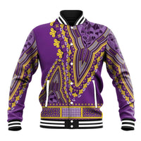 Purple dashiki baseball jacket with yellow patterns, striped ribbed collar and cuffs