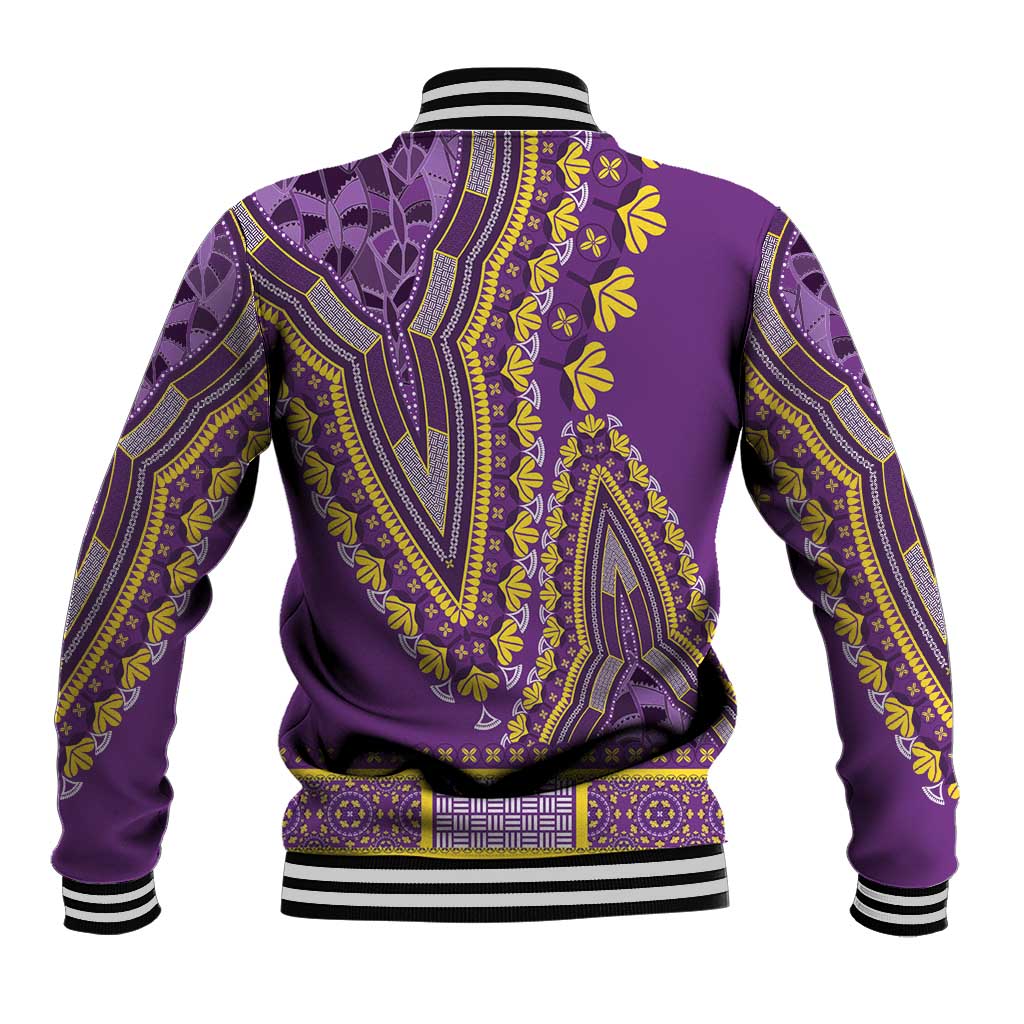 Purple dashiki baseball jacket back view with yellow ornate patterns and striped ribbed hem