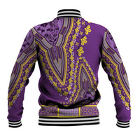 Purple dashiki baseball jacket back view with yellow ornate patterns and striped ribbed hem