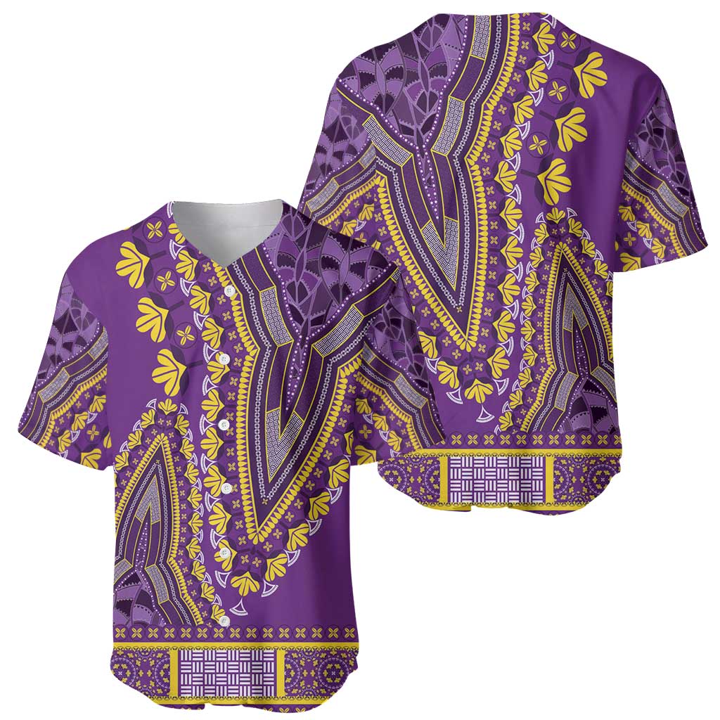 Pair of purple dashiki-style baseball jerseys with yellow floral geometric prints