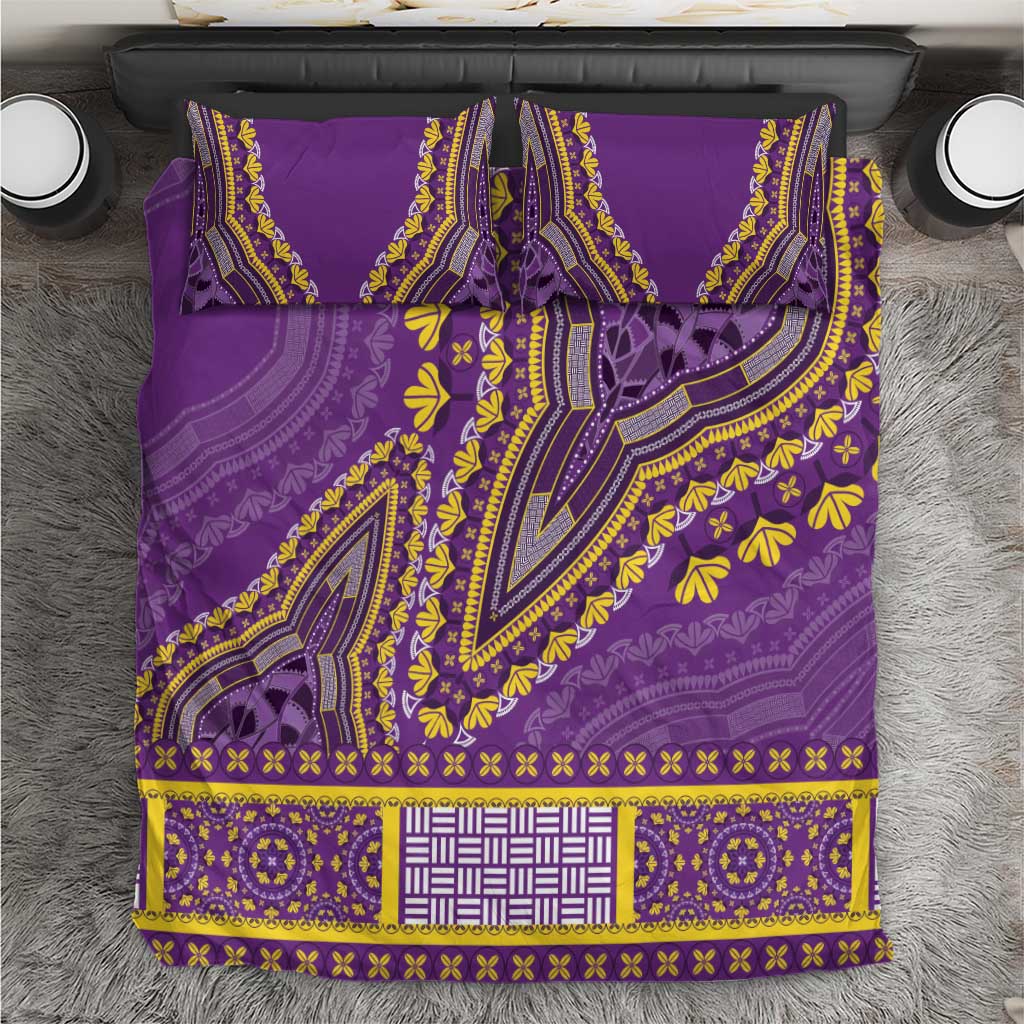 Purple dashiki-style bedding set with yellow geometric border pattern and pillow shams