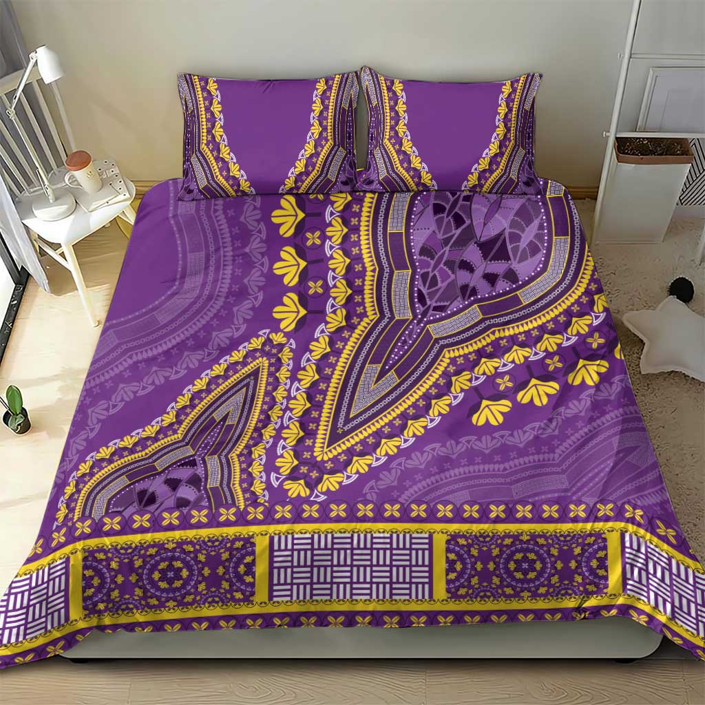 Purple dashiki bedding set with yellow and navy medallion motifs and matching pillow shams