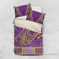 Purple dashiki bedding set with yellow trim pattern and matching pillow shams, flat lay