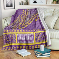 Purple dashiki style blanket with yellow and white geometric panel border