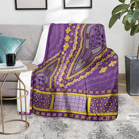 Purple dashiki blanket with yellow vine motifs and blue-gray geometric stripe center panel
