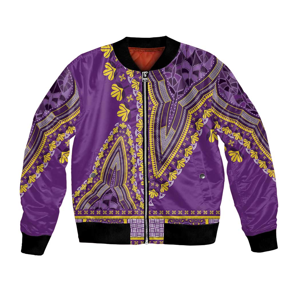 Purple dashiki bomber jacket with front zipper, yellow/blue embroidery, black rib trim