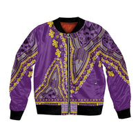 Purple dashiki bomber jacket with front zipper, yellow/blue embroidery, black rib trim