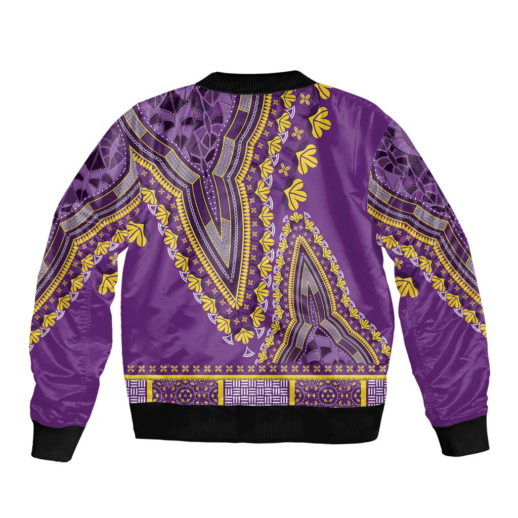 Purple dashiki bomber jacket back with yellow/blue geometric embroidery, black rib hem