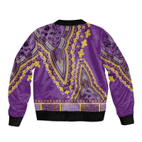 Purple dashiki bomber jacket back with yellow/blue geometric embroidery, black rib hem