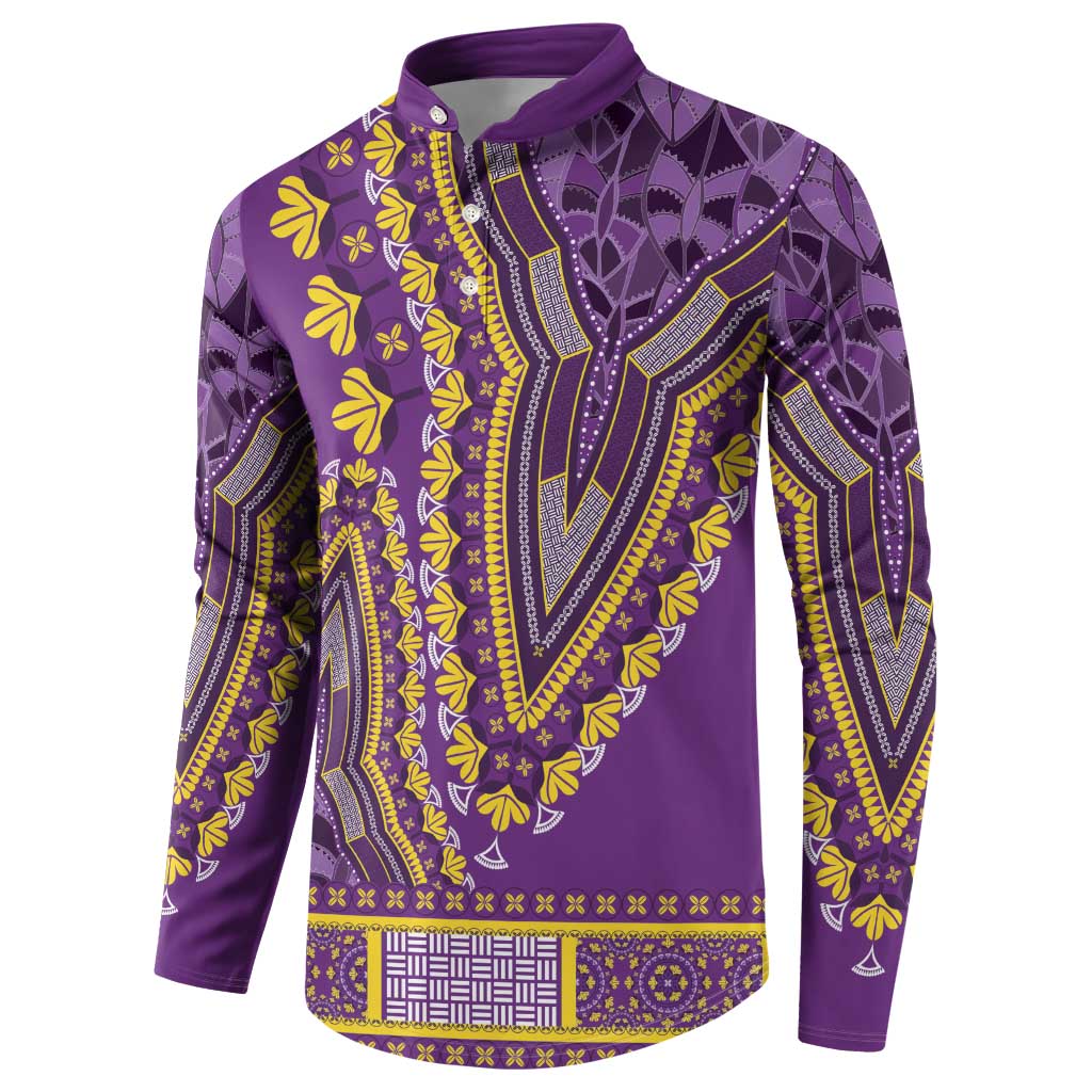 Purple dashiki button sweatshirt with yellow-green tribal print, long sleeves, front placket