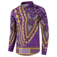 Purple dashiki button sweatshirt with yellow-green tribal print, long sleeves, front placket