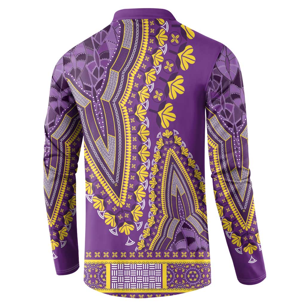 Purple dashiki button sweatshirt, back view with yellow-green tribal print and curved hem