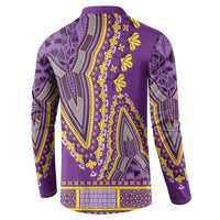 Purple dashiki button sweatshirt, back view with yellow-green tribal print and curved hem