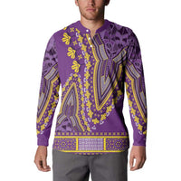 Purple dashiki button sweatshirt worn by model, yellow-green ornate front yoke print