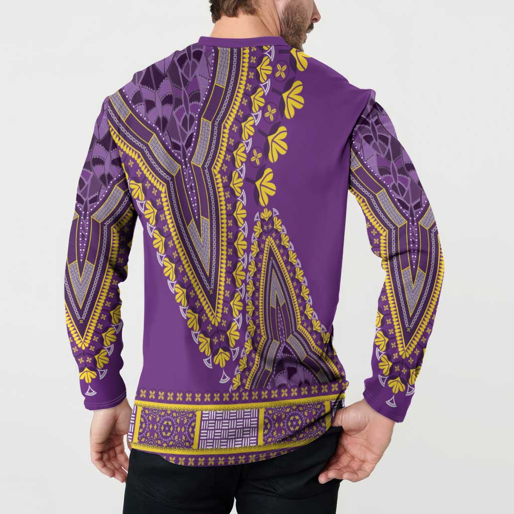 Purple dashiki button sweatshirt worn by model, back view with yellow-green tribal print