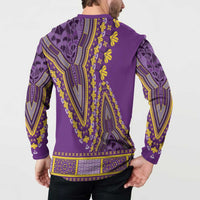 Purple dashiki button sweatshirt worn by model, back view with yellow-green tribal print