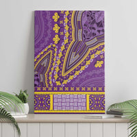 Purple dashiki canvas wall art, mounted on shelf display with colorful pattern detail