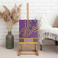 Purple dashiki canvas wall art on wooden easel, intricate yellow and blue motifs