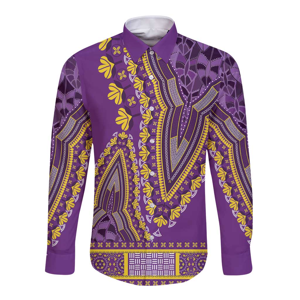 Violet dashiki button-up shirt with long sleeves, vibrant yellow patterned trim at front.