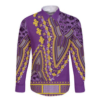 Violet dashiki button-up shirt with long sleeves, vibrant yellow patterned trim at front.