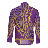 Violet dashiki button-up shirt back view with long sleeves and yellow geometric floral print.