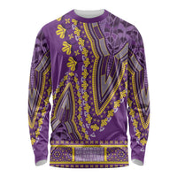 Purple long-sleeve dashiki shirt with bright yellow and red geometric and floral trim