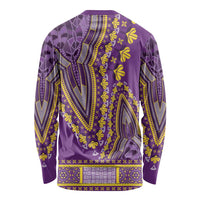 Purple long-sleeve dashiki shirt, back view with yellow, red and green folk patterns