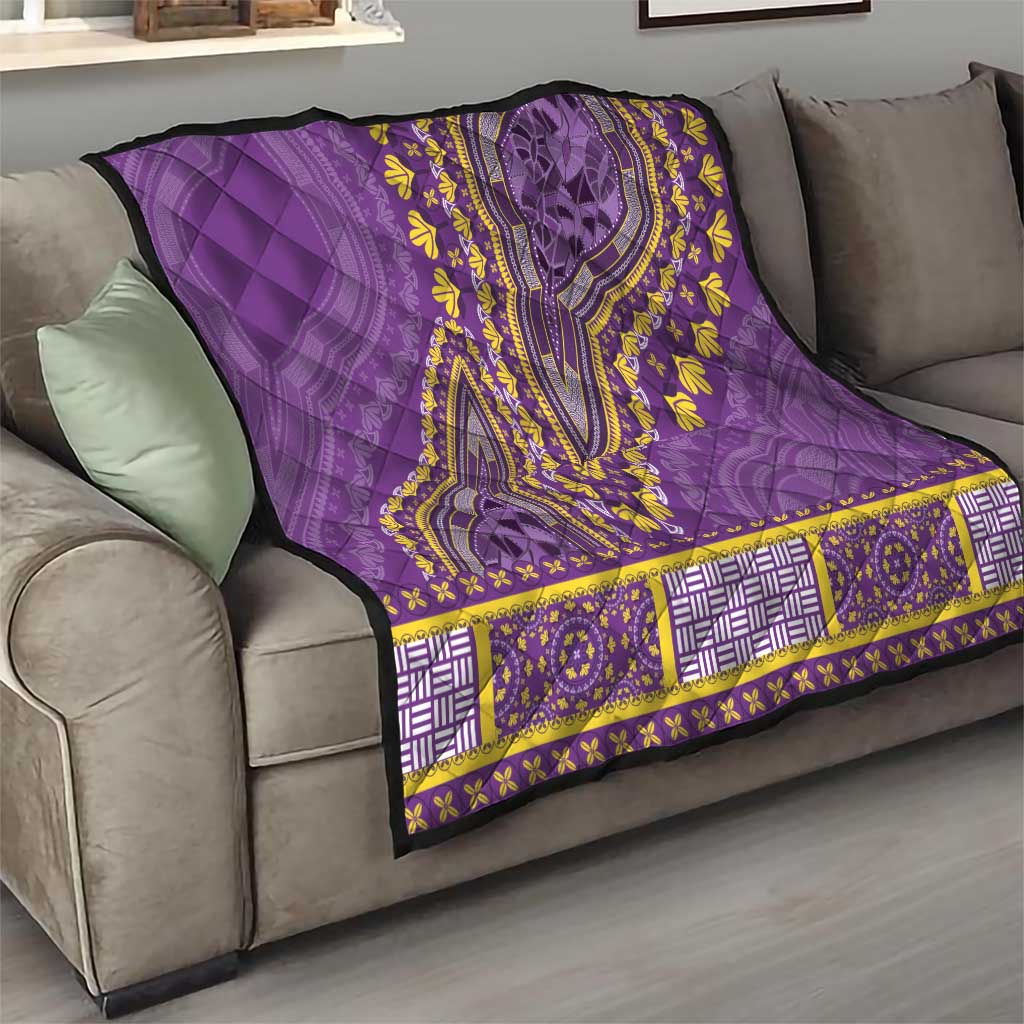 Violet quilt throw with yellow dashiki medallion, striped patchwork border, and hem