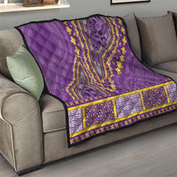 Violet quilt throw with yellow dashiki medallion, striped patchwork border, and hem