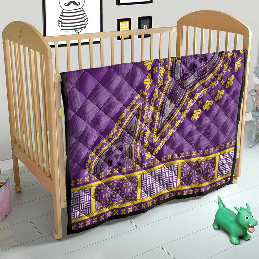 Purple quilt blanket with yellow dashiki-style center medallion and geometric border panels