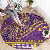 Violet round rug featuring bold yellow leaf and geometric border design