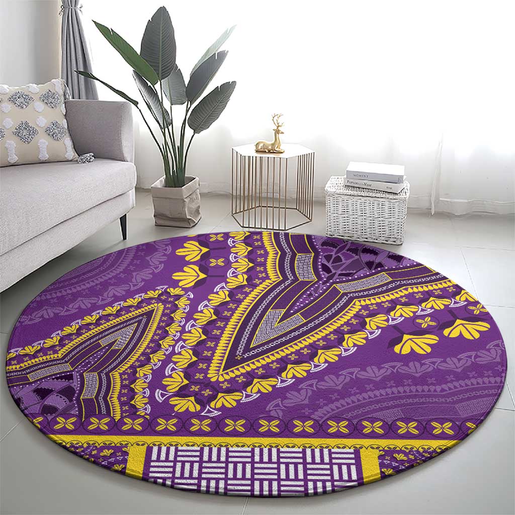 Round purple-violet carpet with central dark motif and bright yellow accents