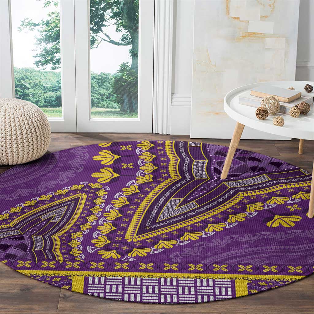 Violet circular rug with detailed yellow vine pattern and striped band border