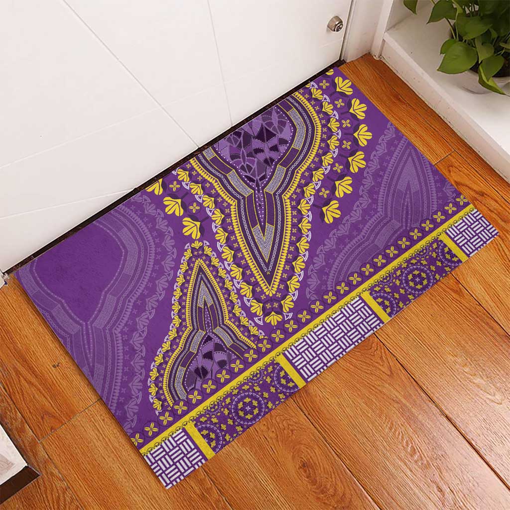 Violet dashiki rubber doormat with central emblem and yellow floral accents, geometric border