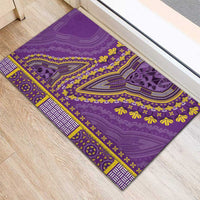 Violet dashiki rubber doormat with bold tribal V-neck motif in yellow, purple, and dark blue