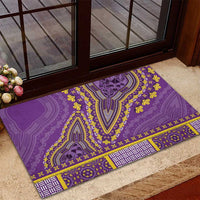 Violet rubber doormat with dashiki pattern, yellow leaves, and purple geometric trim at edge